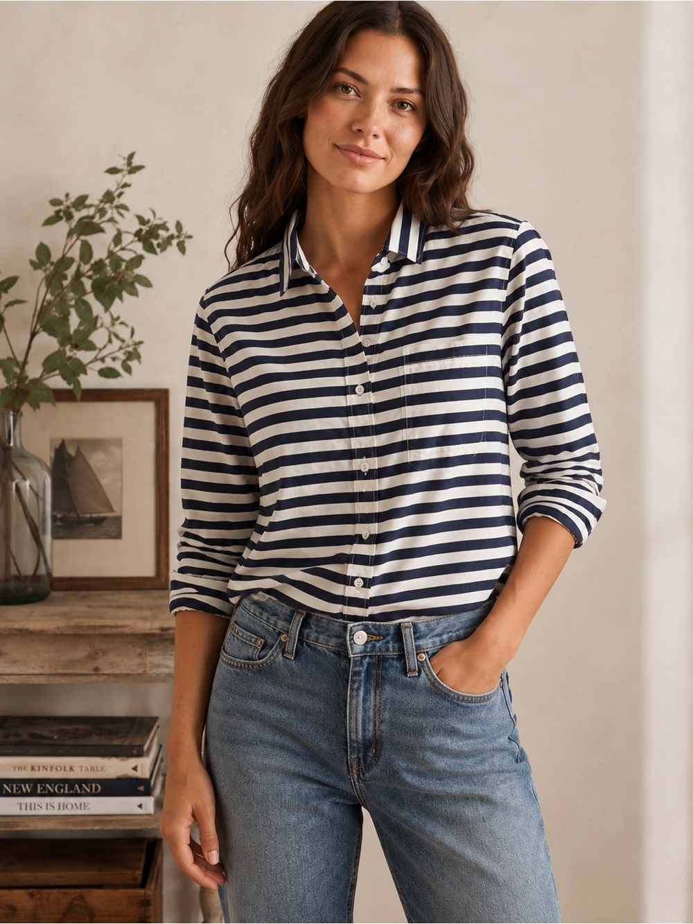 J. Crew Navy and White Striped Button-Down Shirt. 100% Cotton.